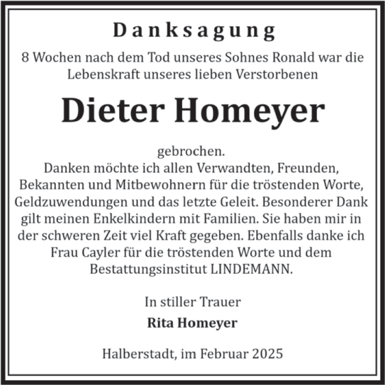 Traueranzeige von Dieter Homeyer von Volksstimme Halberstadt