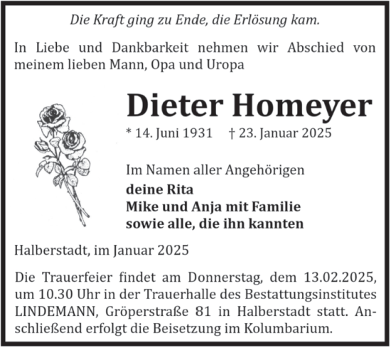 Traueranzeige von Dieter Homeyer von Volksstimme Halberstadt