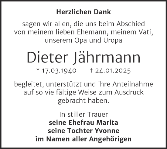 Traueranzeige von Dieter Jährmann von Naumburger Tageblatt