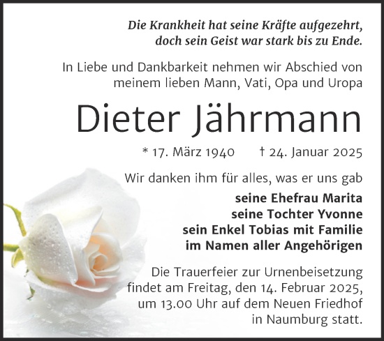 Traueranzeige von Dieter Jährmann von Naumburger Tageblatt