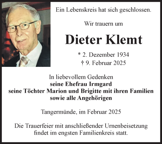 Traueranzeige von Dieter Klemt von Volksstimme Altmark Ost