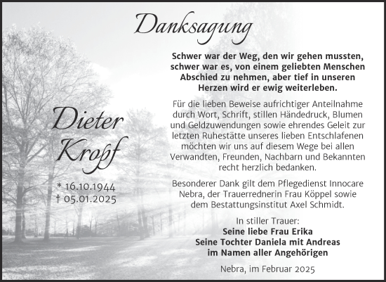Traueranzeige von Dieter Kropf von Super Sonntag Naumburg/Nebra