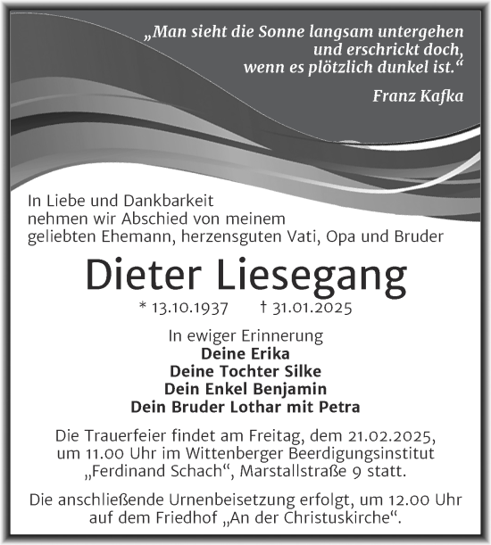 Traueranzeige von Dieter Liesegang von Trauerkombi Wittenberg