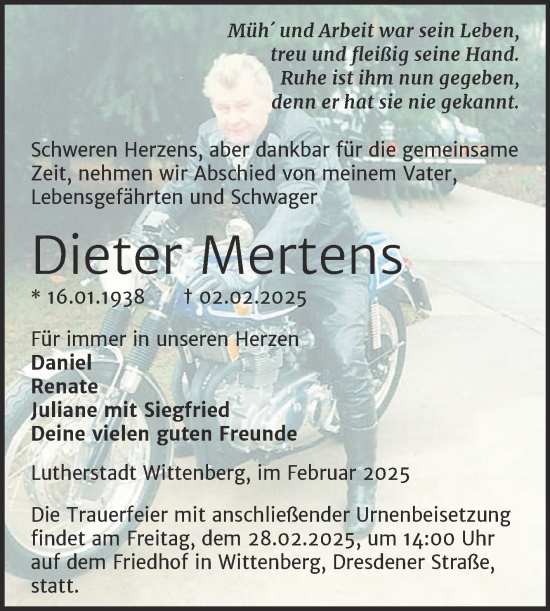 Traueranzeige von Dieter Mertens von Trauerkombi Wittenberg