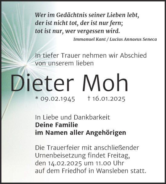 Traueranzeige von Dieter Moh von Trauerkombi Mansfelder Land