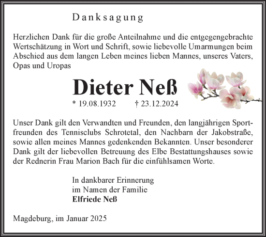 Traueranzeige von Dieter Neß von Volksstimme Magdeburg