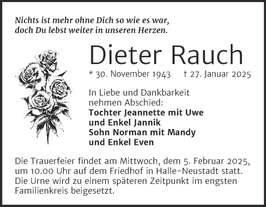 Traueranzeige von Dieter Rauch von Mitteldeutsche Zeitung Halle/Saalkreis