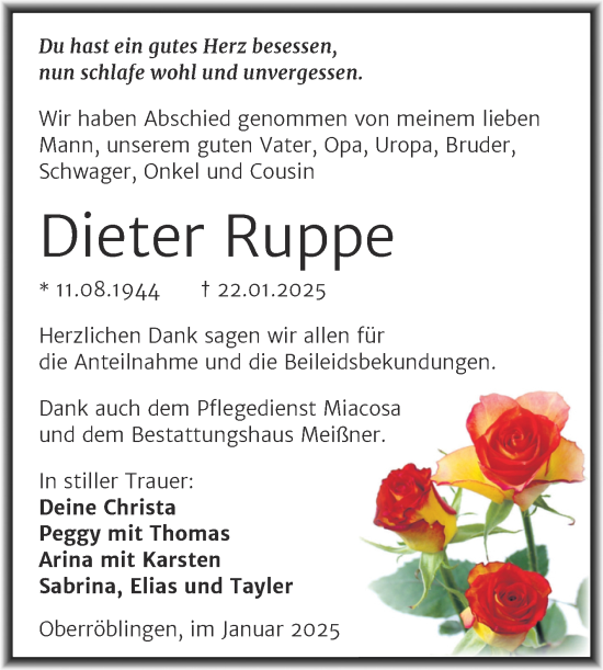 Traueranzeige von Dieter Ruppe von Trauerkombi Sangerhausen