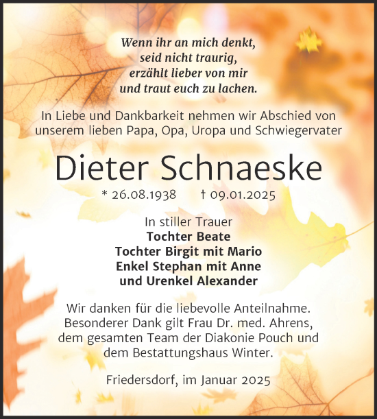 Traueranzeige von Dieter Schnaeske von Trauerkombi Bitterfeld
