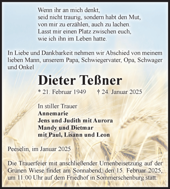Traueranzeige von Dieter Teßner von Volksstimme Oschersleben/Wanzleben