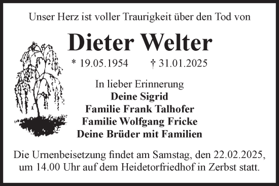 Traueranzeige von Dieter Welter von Volksstimme Zerbst