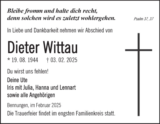 Traueranzeige von Dieter Wittau von Trauerkombi Sangerhausen