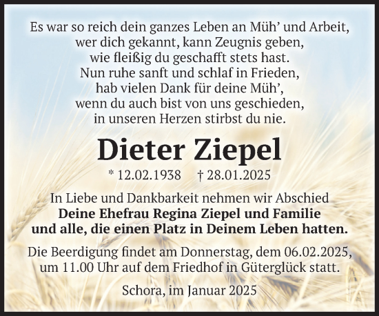 Traueranzeige von Dieter Ziepel von Volksstimme Zerbst