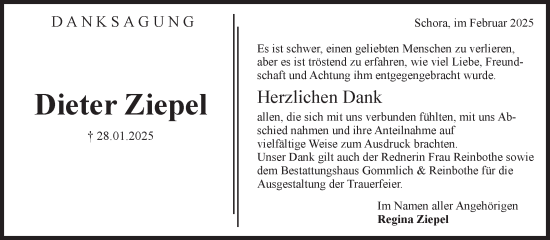 Traueranzeige von Dieter Ziepel von Volksstimme Zerbst