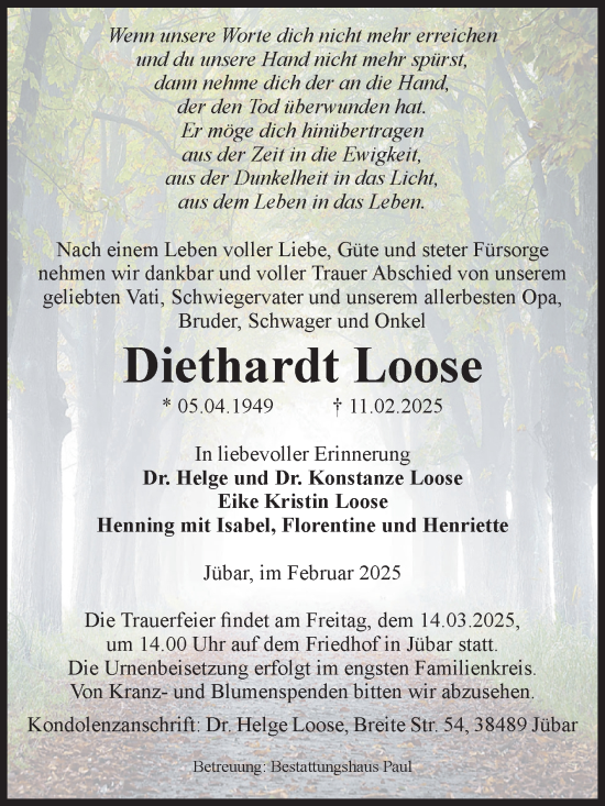 Traueranzeige von Diethardt Loose von Volksstimme Altmark West