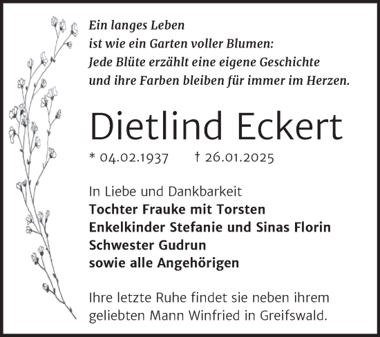 Traueranzeige von Dietlind Eckert von Trauerkombi Bernburg