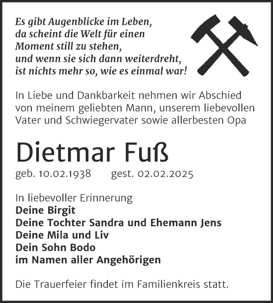 Traueranzeige von Dietmar Fuß von Trauerkombi Weißenfels