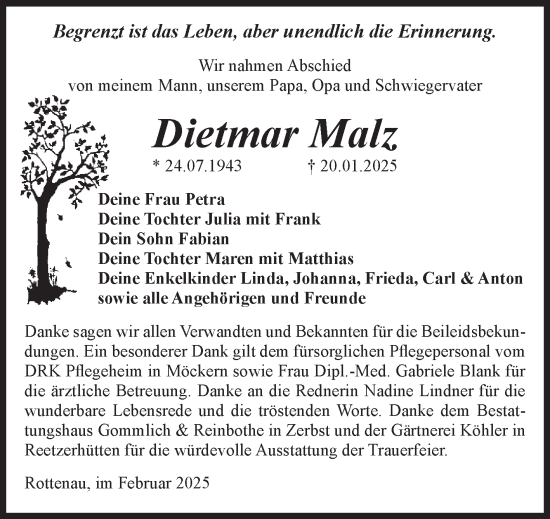 Traueranzeige von Dietmar Malz von Volksstimme Zerbst