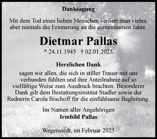 Traueranzeige von Dietmar Pallas von Volksstimme Haldensleben/Wolmirstedt