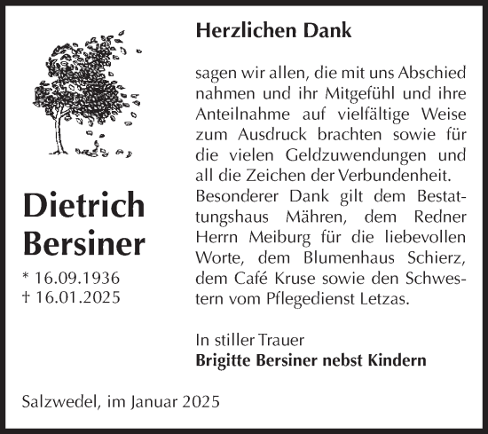 Traueranzeige von Dietrich Bersiner von Volksstimme Altmark West