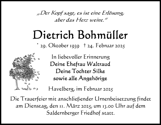 Traueranzeige von Dietrich Bohmüller von Volksstimme Altmark Ost