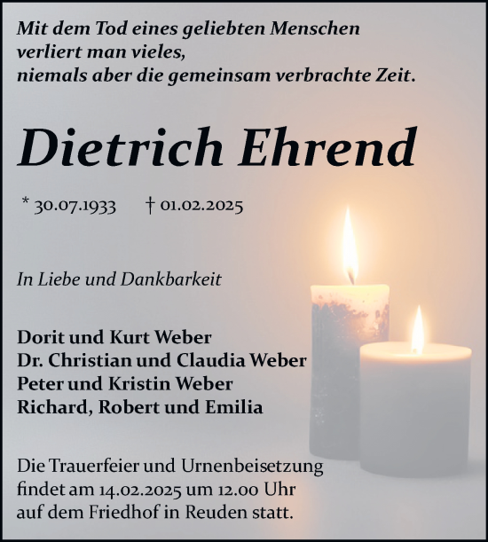 Traueranzeige von Dietrich Ehrend von Trauerkombi Bitterfeld