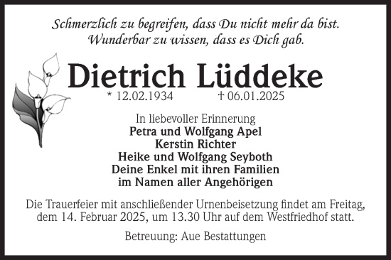Traueranzeige von Dietrich Lüddeke von Volksstimme Magdeburg