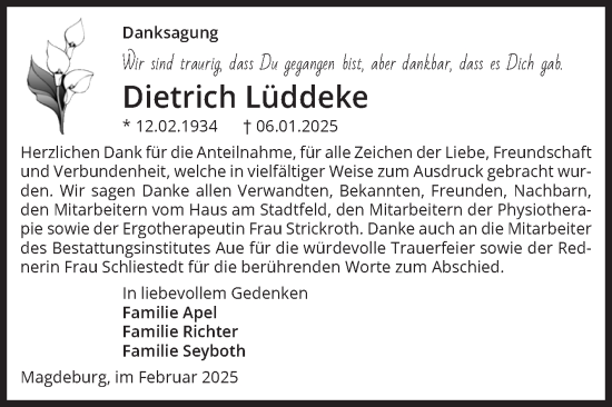 Traueranzeige von Dietrich Lüddeke von Volksstimme Magdeburg