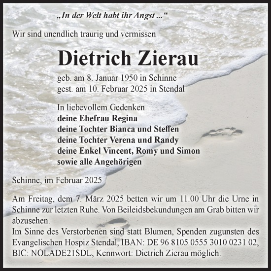 Traueranzeige von Dietrich Zierau von Volksstimme Altmark Ost