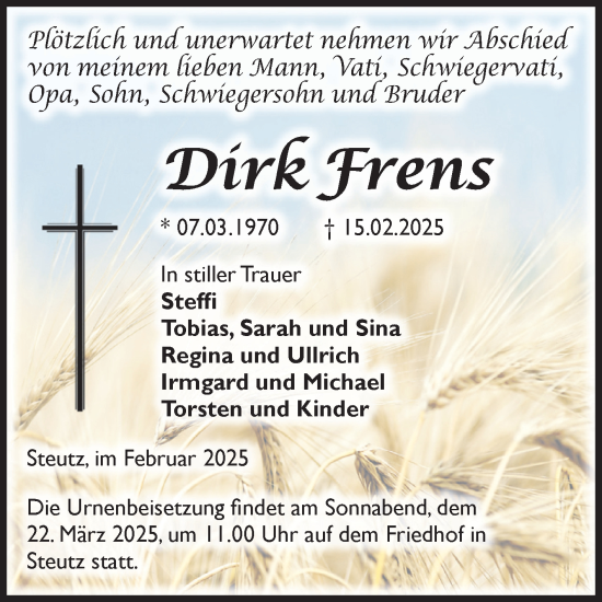 Traueranzeige von Dirk Frens von Volksstimme Zerbst