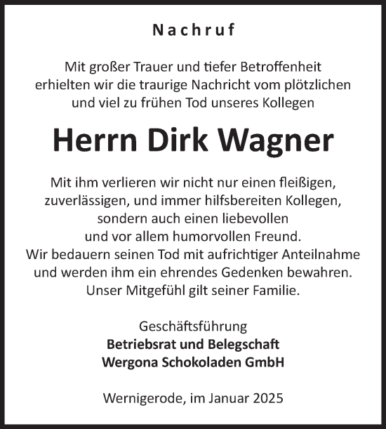Traueranzeige von Dirk Wagner von Volksstimme Wernigerode