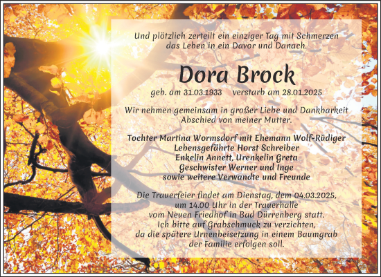 Traueranzeige von Dora Brock von Trauerkombi Weißenfels