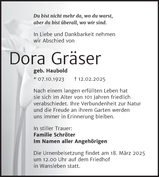Traueranzeige von Dora Gräser von Trauerkombi Mansfelder Land