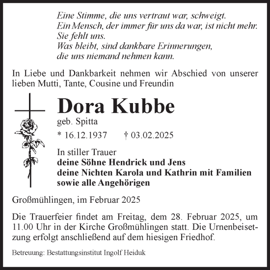 Traueranzeige von Dora Kubbe von Volksstimme Schönebeck