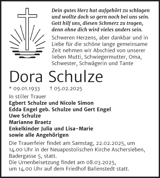 Traueranzeige von Dora Schulze von Trauerkombi Quedlinburg
