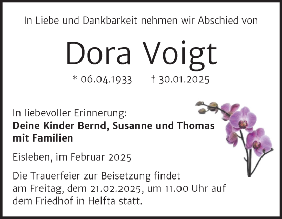 Traueranzeige von Dora Voigt von Trauerkombi Mansfelder Land