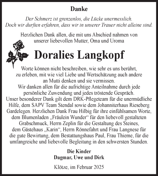 Traueranzeige von Doralies Langkopf von Volksstimme Altmark West