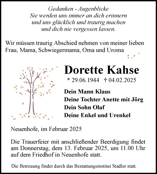 Traueranzeige von Dorette Kahse von Volksstimme Haldensleben/Wolmirstedt