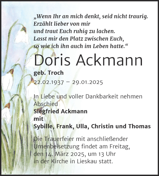 Traueranzeige von Doris Ackmann von Mitteldeutsche Zeitung Halle/Saalkreis