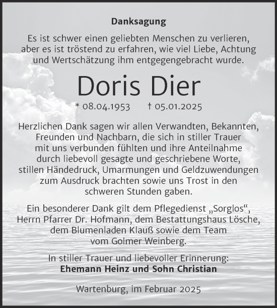 Traueranzeige von Doris Dier von Trauerkombi Wittenberg
