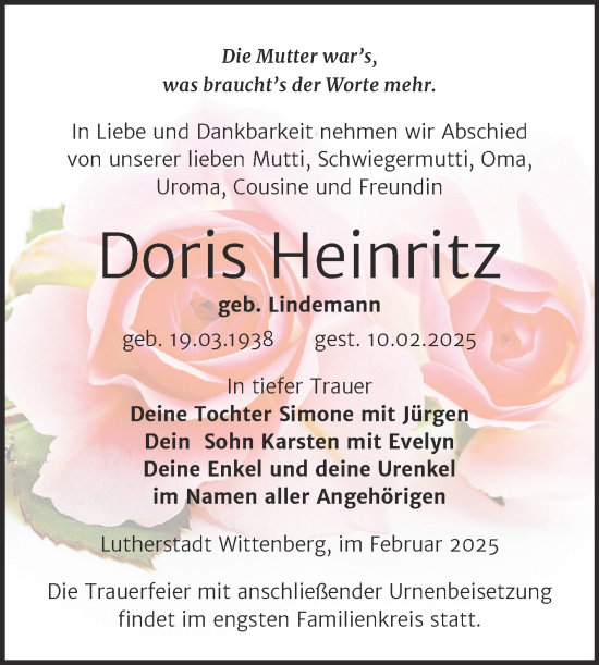 Traueranzeige von Doris Heinritz von Trauerkombi Wittenberg