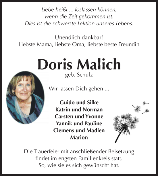 Traueranzeige von Doris Malich von Volksstimme Altmark Ost