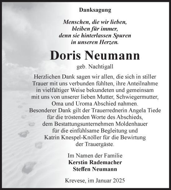 Traueranzeige von Doris Neumann von Volksstimme Altmark Ost