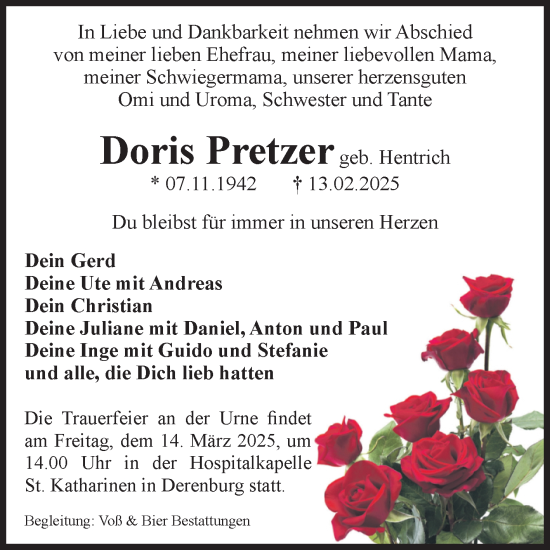 Traueranzeige von Doris Pretzer von Volksstimme Wernigerode