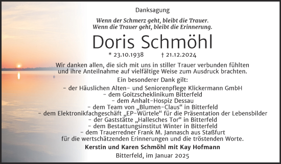 Traueranzeige von Doris Schmöhl von Trauerkombi Bitterfeld
