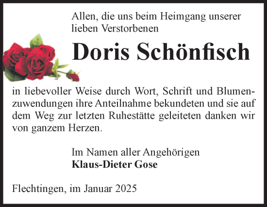 Traueranzeige von Doris Schönfisch von Volksstimme Altmark Ost