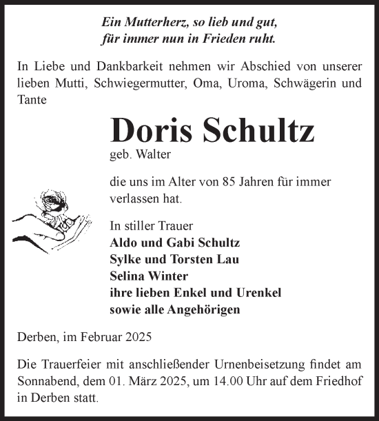 Traueranzeige von Doris Schultz von Volksstimme Burg/Genthin