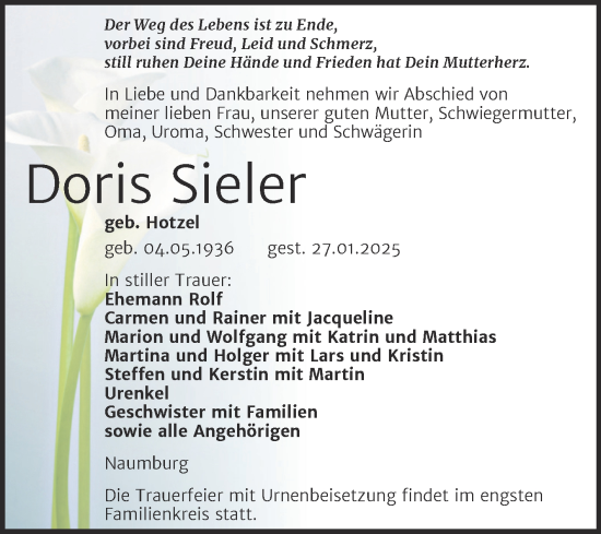 Traueranzeige von Doris Sieler von Super Sonntag Naumburg/Nebra