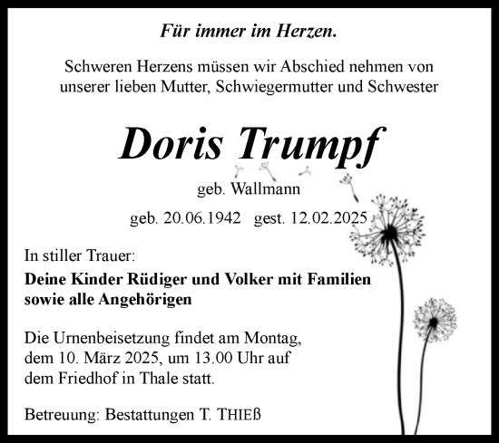 Traueranzeige von Doris Trumpf von Volksstimme Wernigerode