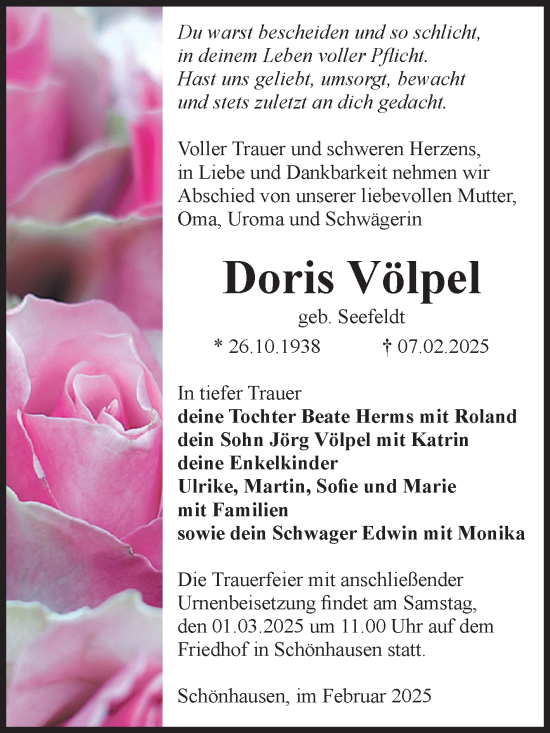 Traueranzeige von Doris Völpel von Volksstimme Altmark Ost
